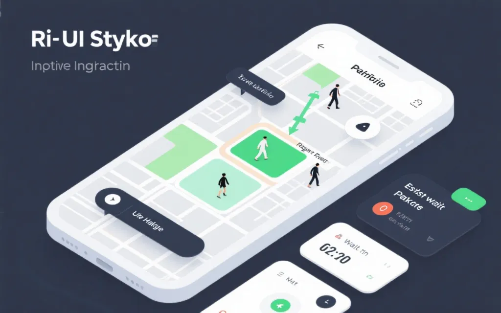 手机界面展示赛事散场的打车分区、步行导航与预计等待时间信息图风格