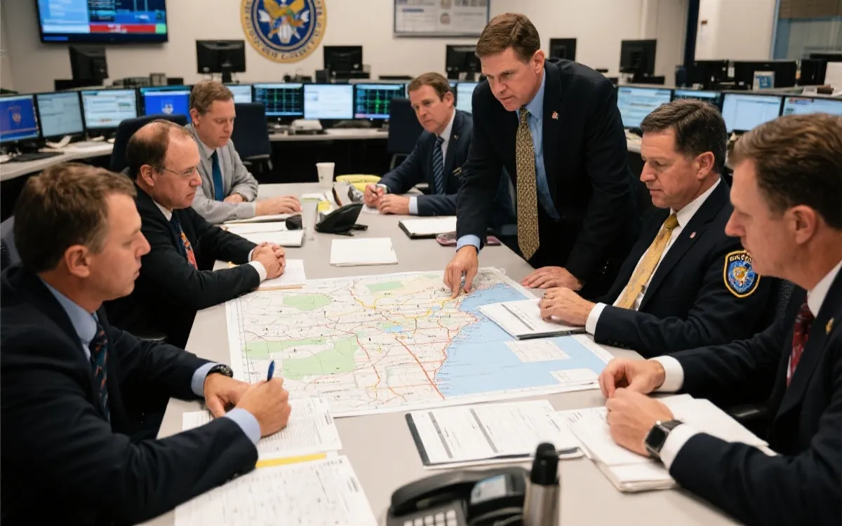 赛事指挥中心或跨机构会议场景，体现规则协调与决策