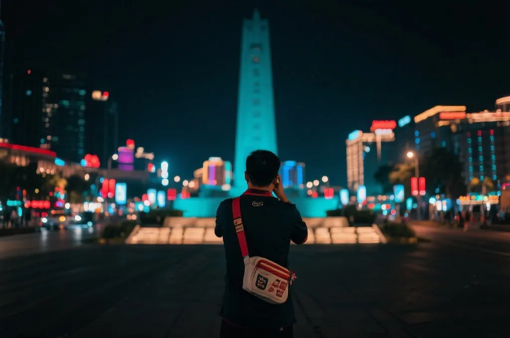 世界杯球迷在城市夜景中举着围巾合影的纪念画面